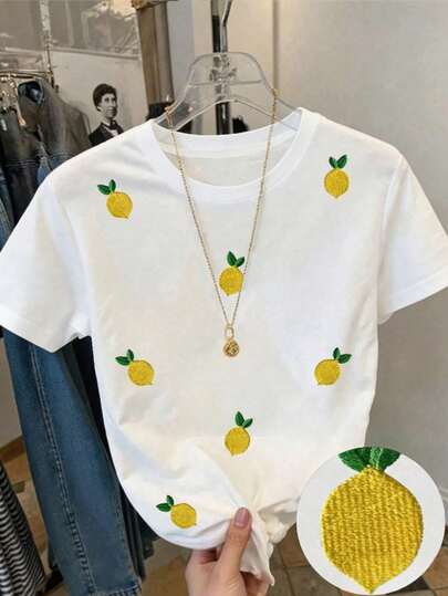 Young Girl' Round Neck Short Sleeve Casual Lemon Digital Print T-Shirt, Comfortable & Fashionable For Summer Daily Wear, Suitable For Travel, Full Of Vitality