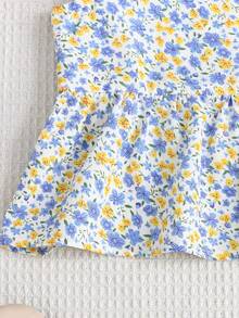 SHEIN Young Girl Ditsy Floral V-Neck Ruffle Casual Blouse - Blue - View 4