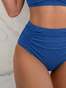 Swim Basics 女士沙滩度假纹理面料交叉褶皱设计泳装套装 - 藍色 - 查看 7