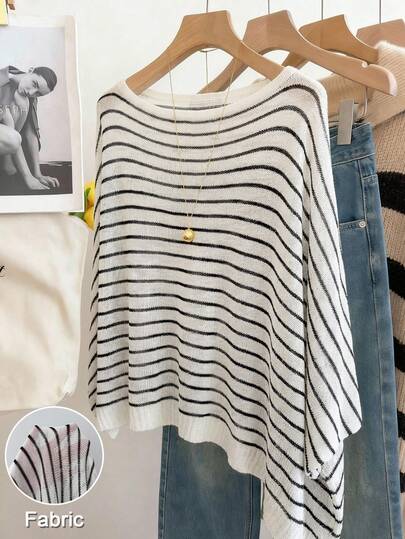 Franclia Poncho de mujer de punto holgado y casual con rayas, ligero para primavera/verano, adecuado para la playa, salidas, uso elegante, vacaciones de verano, blusas casuales, con rayas de contraste, bajo asimétrico, tela transparente