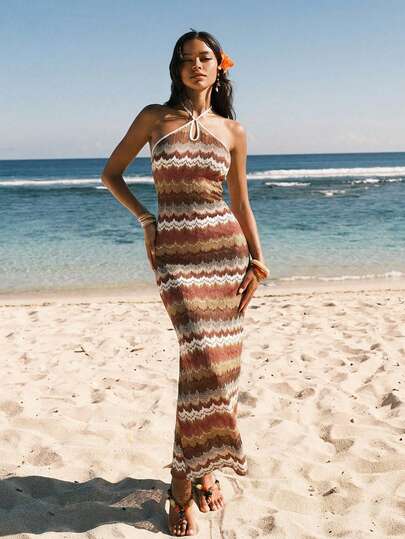 Easelle Women's Knitted Dress, Halter Neck Striped Colorful Resort Dress, Spring/Summer 2026, Outdoor, Holiday, Beach