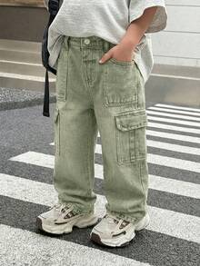 SHEIN Little Byeori 男童时尚做旧水洗宽松黑色牛仔裤，带工装口袋，休闲百搭，适合儿童街头春季服装搭配 - 中等水洗藍 - 查看 7