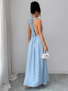 Elenzga 优雅浪漫度假派对露背荷叶边镂空A字蓝色连衣裙（女款） - 藍色 - 查看 2