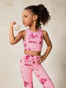 SHEIN 2件套女童扎染印花弹力吊带背心和运动裤套装，瑜伽运动服，返校服 - 淺粉色 - 查看 2