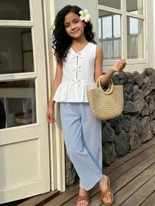 Sparklyn 两件套少女吊带背心衬衫（带蝴蝶结纽扣）和长裤套装 - 白色 - 查看 5