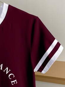 Franclia Women's Color Block Letter Print Short Sleeve Casual Round Neck T-Shirt - Burgundy - View 4