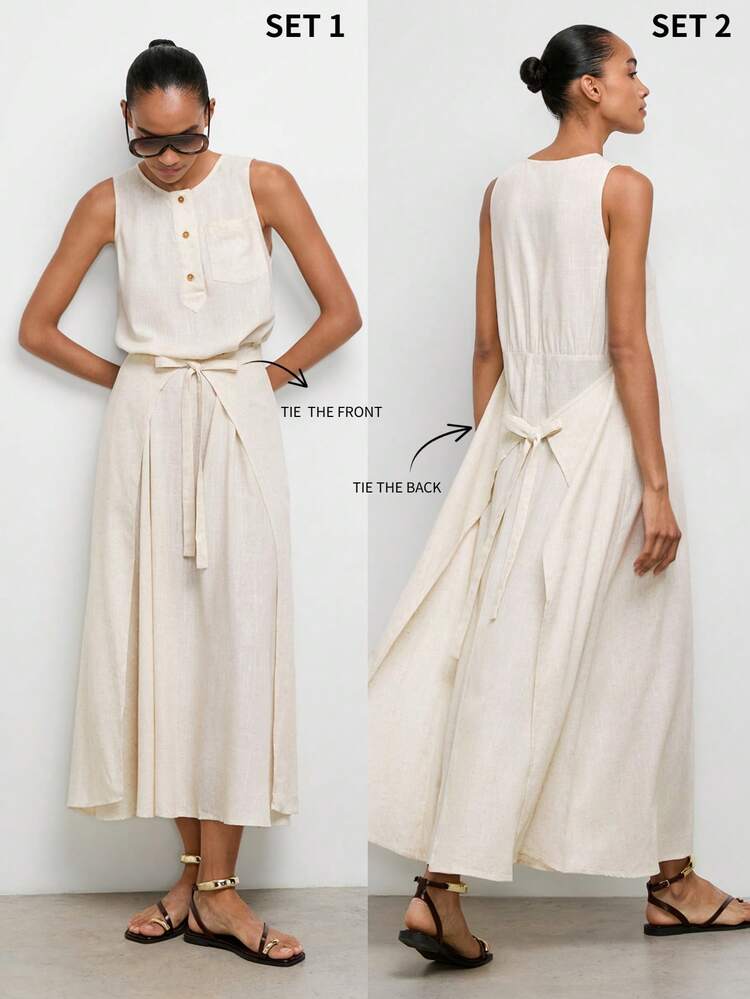 SHEIN Maija Women's Casual Solid Color Sleeveless Tie-Up Wrap Long Dress, Summer