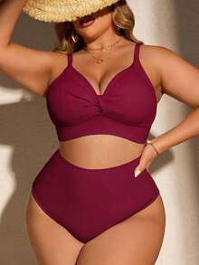 SHEIN Swim Curve 大码女式夏季沙滩纯色扭结设计时尚比基尼泳装套装 - 酒紅色 - 查看 6