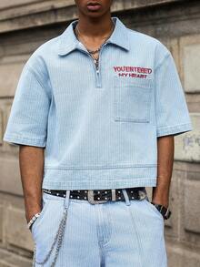 Manfinity EMRG Men's Casual Striped Embroidered Blue Denim Short Sleeve Shirt, Street Fashion - Light Wash - View 3