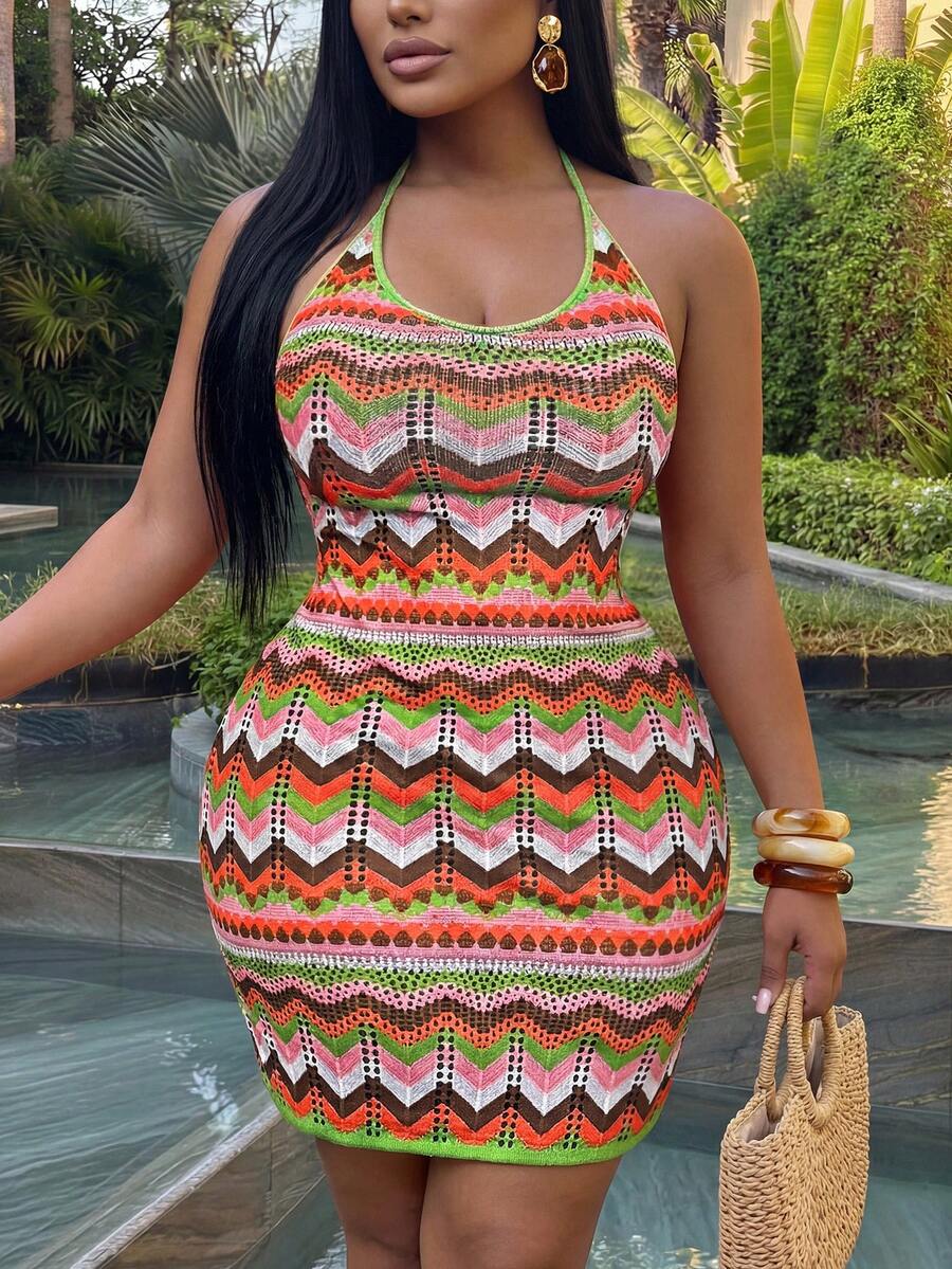 Slaydiva 2026春夏优雅通勤休闲装，生日派对、毕业典礼、学生装、日常出行、百搭基础款、休闲度假、邮轮旅行、海滩、日光浴、爆款、商务休闲、简约休闲度假外出女式糖果钩针露背吊带迷你连衣裙，无袖露背条纹针织修身短裙，夏季海滩风情