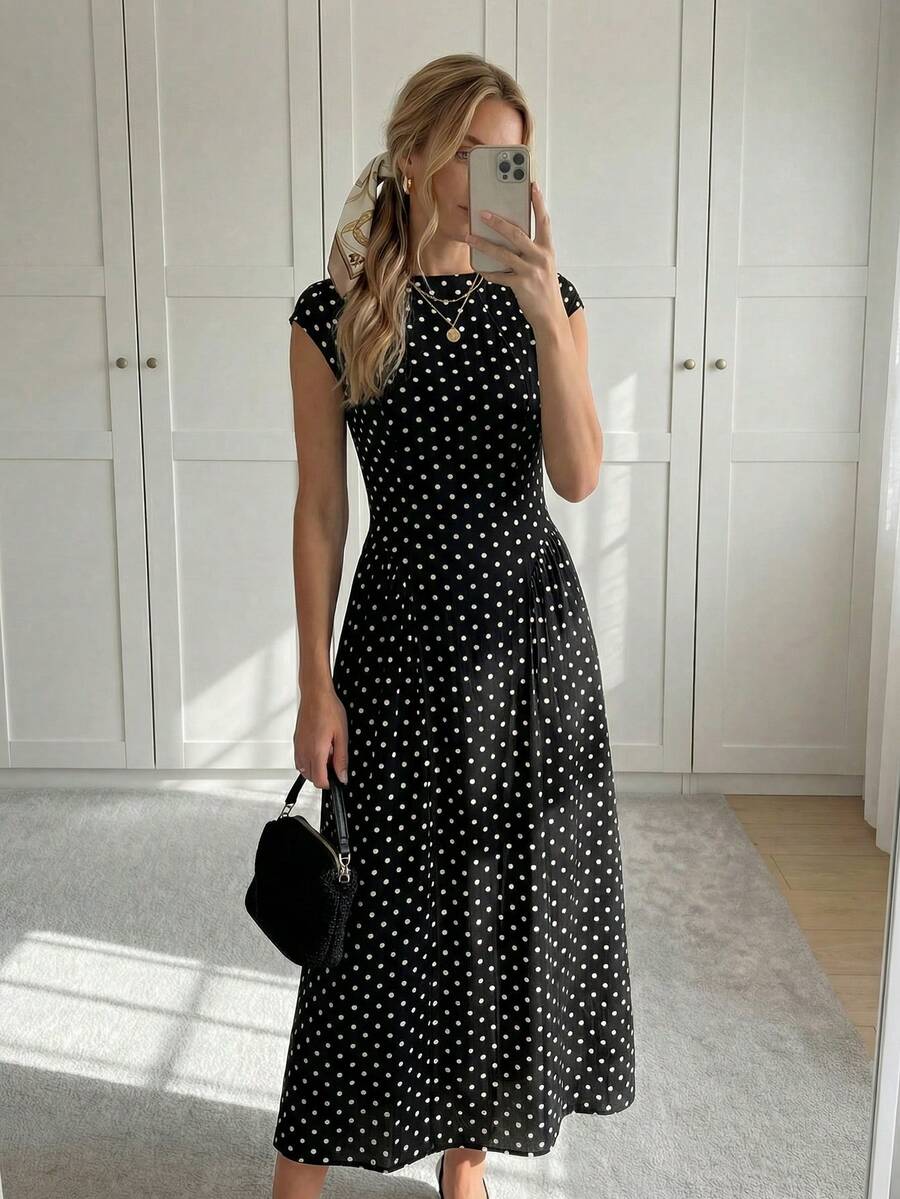 Easowa Women's Polka Dot Pattern Round Neck Cap Sleeve Elegant Mid-Length Dress - Black - View 1