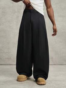PAVTROS Men's Premium Pleated Straight Wide-Leg Trousers - Black - View 1