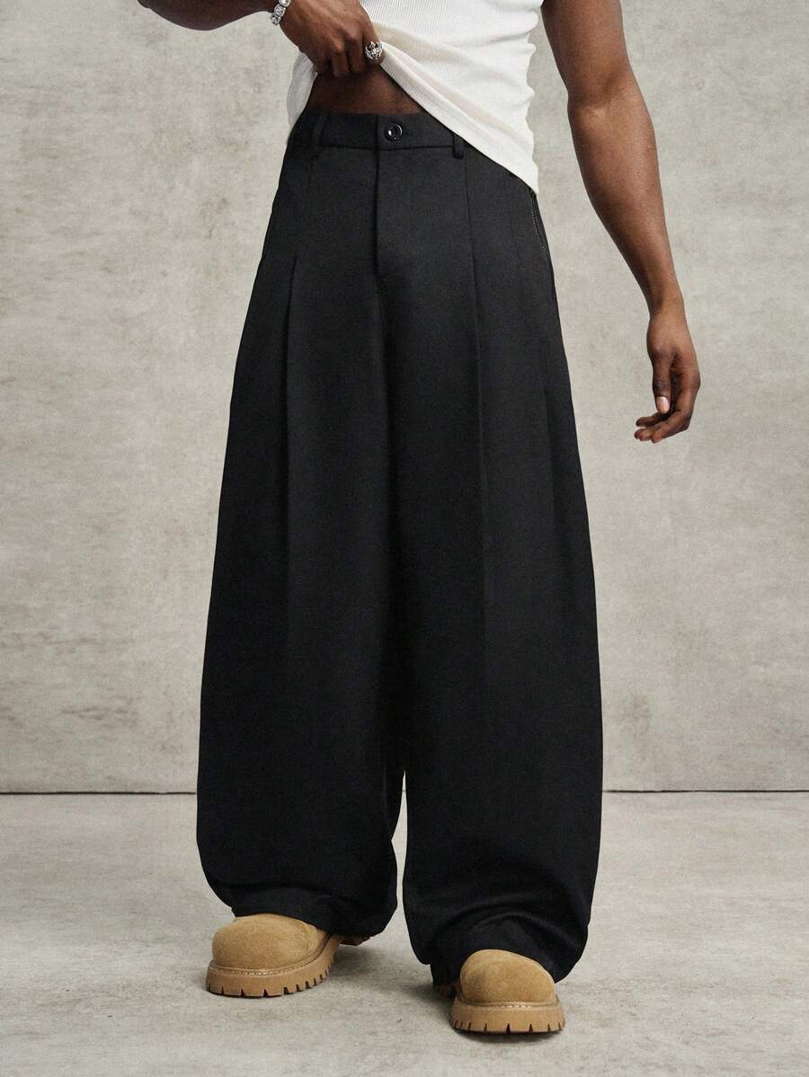 PAVTROS Men's Premium Pleated Straight Wide-Leg Trousers - Black - View 1