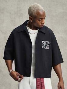 PAVTROS Camisa de manga corta de ajuste holgado con estampado de letras para hombre, verano - Negro - Ver 2