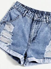 SHEIN Essnce Summer Vacation Y2K Distressed High Waist Ripped Denim Shorts Light Blue Street Style Going Out Plus Size Women Jean Shorts - Medium Wash - View 5
