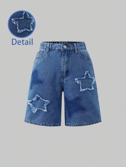 SHEIN ChillGRL Quần short denim dáng rộng, cạp chun, phong cách đường phố Y2K dành cho bé gái tuổi teen.