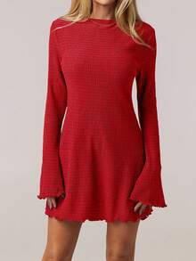 SHEIN Forever 21 1pc Women's Casual Solid Color Elegant Flare Sleeve Dress, Spring/Summer - Red - View 6