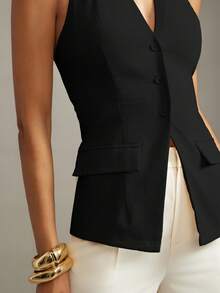 Hauture Sexy Summer Office Solid Flaps Detail Fitted Backless Vest Top - Black - View 5