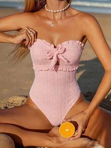 Swim Mod New Summer Women Spaghetti Strap Ruffle Front Bow Tie Waist One Piece Swimsuit, White Casual Sexy Vacation One Piece Swimsuit Golf - Pink - View 6