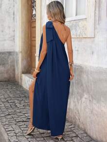 Brillora Women's Elegant Sexy Boho Tropical Minimalist Navy Blue Backless Long Dress One Shoulder Summer Casual Vacation Holiday Resort Wear Bikini Beach - Navy Blue - View 2
