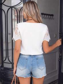 LanaWest 女士休闲度假西部风编织不对称领蕾丝袖拼接针织连体衣 - 白色 - 查看 2