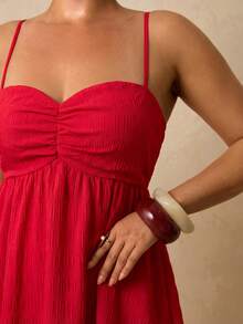 Travachic TRVLCHIC Plus Size Red Summer Satin Tropical Holiday Women Solid Color Pleated Camisole Dress Birthday Date Night Short Cute Vacation Outfits - Red - View 4
