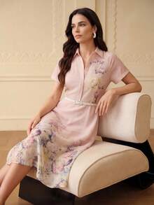 ZEYLAH 欧根纱花卉印花插肩袖喇叭下摆中长连衣裙，女士服装 - 粉色 - 查看 2