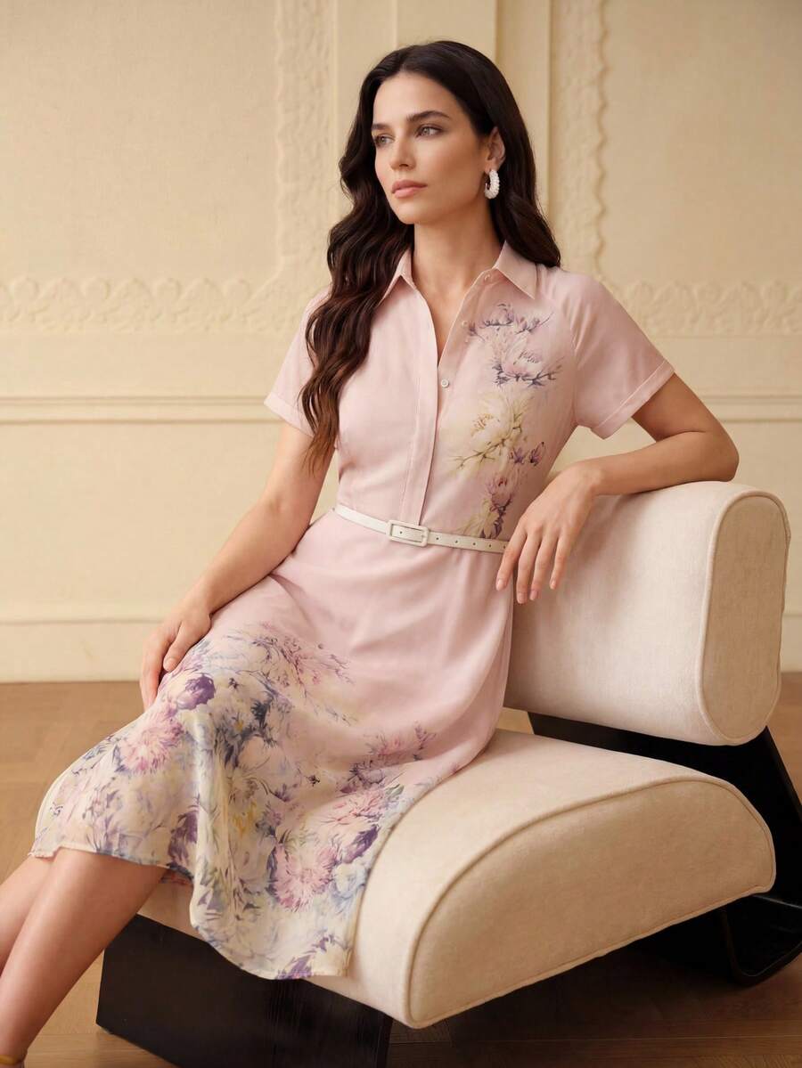 ZEYLAH 欧根纱花卉印花插肩袖喇叭下摆中长连衣裙，女士服装