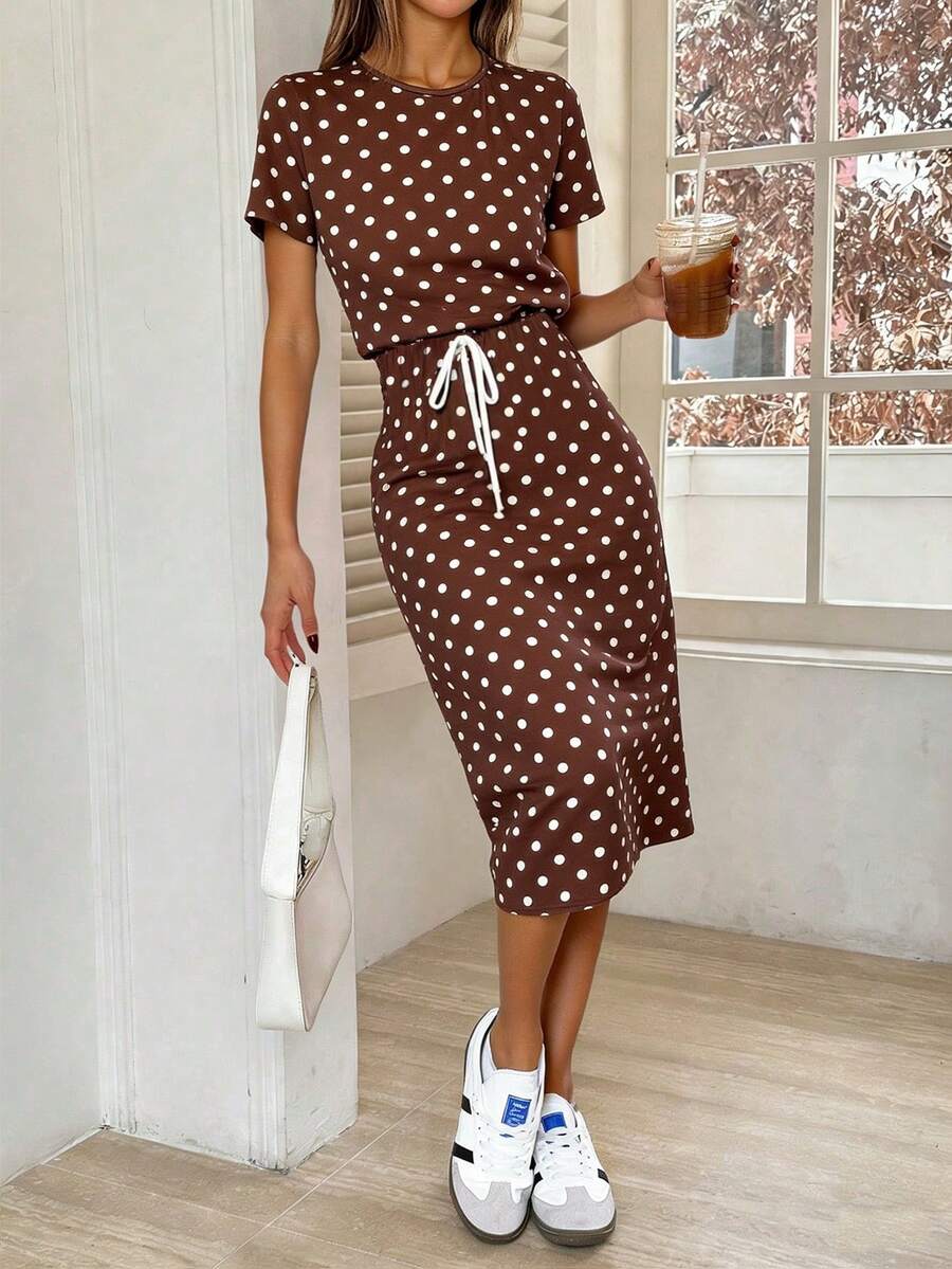 Pariaura Striped Tie-Up Midi Casual Dress For Women Pulka Dot Dress Brown Spot Dress Retro Dresses For Woman New Arrival Dress For Women Casual Retro Outfit For Women - Brown - View 1