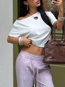 FavEase Áo thun nữ tay ngắn màu trắng, dáng rộng, không đối xứng, thích hợp cho kỳ nghỉ hè. - trắng - Xem 4