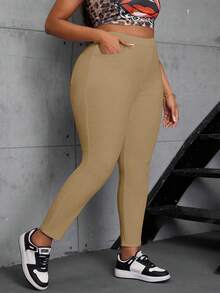 SHEIN SXY 大码女式弹力白色休闲修身牛仔裤 - 卡其色 - 查看 1