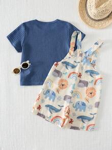 Cozy Pixies Bộ 2 món cho bé trai: Áo thun cổ tròn tay ngắn màu trơn, thoải mái và quần yếm không tay in hình động vật hoạt hình. - Nhiều màu - Xem 3