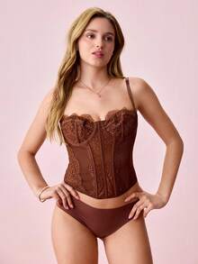 Bonmuse 1 chiếc áo lót ren kiểu corset dễ thương, áo croptop gợi cảm dành cho nữ dự tiệc, đi club, có khóa cài. - màu nâu - Xem 4