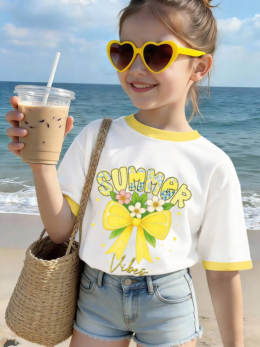 1 chiếc áo thun dệt kim tay ngắn cổ tròn phối màu, kiểu dáng thường ngày cho bé gái tuổi teen, thích hợp cho kỳ nghỉ hè, đi biển, du lịch. - Nhiều màu - Xem 1