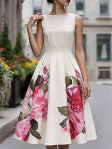 Balvessa 法式复古印花收腰A字中长连衣裙，无袖显瘦优雅连衣裙 - 彩色 - 查看 4