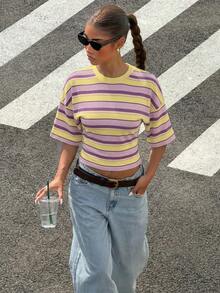 SHEIN Muchic 女士休闲简约不对称条纹图案T恤，百搭街头风，适合春夏穿着 - 彩色 - 查看 6
