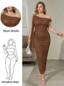 Hourglow Plus Size Elegant Brown One Shoulder Ruched Bodycon Midi Dress Asymmetric Draped Sexy Party Evening Wedding Guest Dress, For Hourglass Body Shape - Brown - View 1