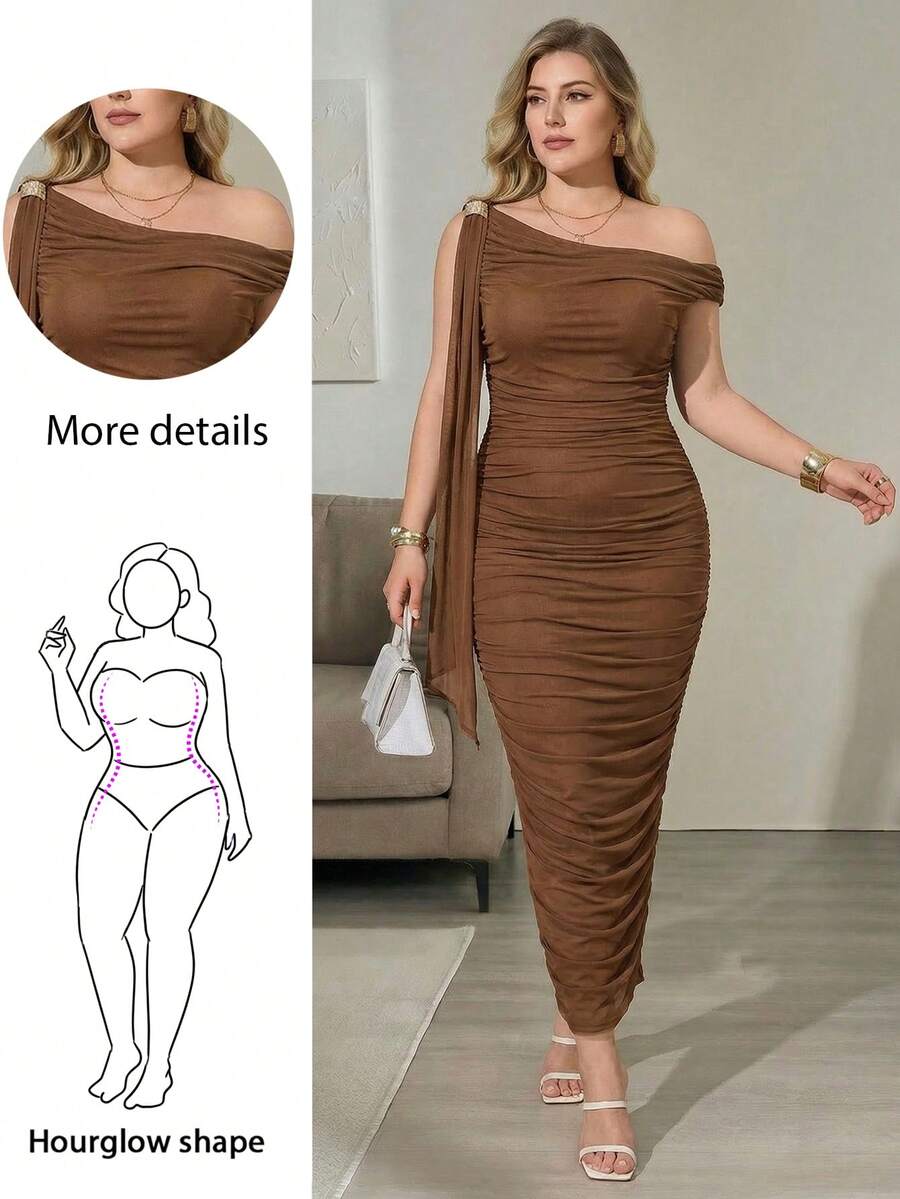Hourglow Plus Size Elegant Brown One Shoulder Ruched Bodycon Midi Dress Asymmetric Draped Sexy Party Evening Wedding Guest Dress, For Hourglass Body Shape - Brown - View 1