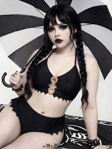 ROMWE Goth Plus Size Women Metal Decor Bikini And Triangle Briefs Swimwear Set - Black - View 4