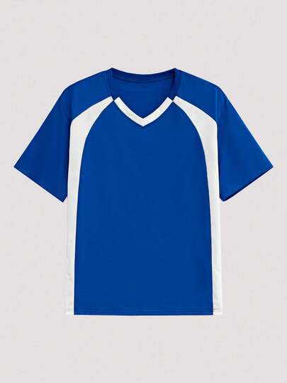 Open Phase Men's Stylish Sporty Short-Sleeved T-Shirt With Blue And White Color Blocking And A Small V-Neck, Suitable For Casual Everyday Wear In Spring And Summer , Retro American, Unisex, Relaxed Fit Summer Outfits – Suitable For Everyday Wear And Summer Holiday Outfits.