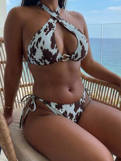 Swim SXY Bộ bikini hai dây dáng dài in họa tiết toàn thân gợi cảm dành cho nữ cỡ lớn, kiểu dáng mùa xuân/hè 2026, có dây rút bên hông.