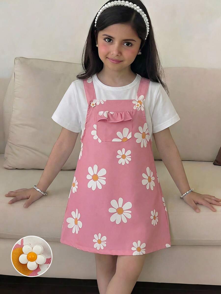 SHEIN 2 chiếc áo liền thân tay ngắn xếp bèo dễ thương in hoa cho bé gái/bé sơ sinh - Hồng - Xem 1