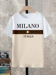 Áo thun ngắn tay cổ tròn in chữ Milan City và biểu tượng thịnh vượng dành cho thiếu niên/thanh thiếu niên nam, phong cách thường ngày/lịch sự, thích hợp cho mùa xuân/hè. - Nhiều màu - Xem 3