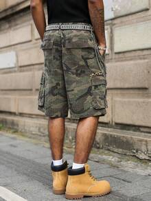 Manfinity EMRG Quần short denim cargo nam kiểu dáng casual, nhiều túi, họa tiết rằn ri, chất liệu móc len, phong cách đường phố. - xanh quân đội - Xem 3