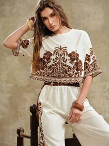 Arave Bộ 2 món quần ống rộng cổ tròn in họa tiết Bohemian dành cho nữ. - Màu be - Xem 7