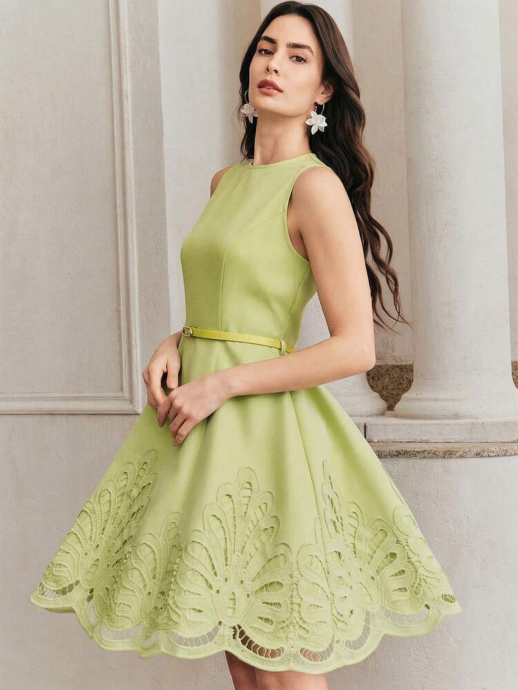 Anewsta Women's Solid Blue Elegant Sleeveless Round Neck A-Line Short Dress, Irregular Ruffle Hem, Comes With Matching PU Belt, Suitable For Spring/Summer, Beach, Holiday, Wedding, School, Daily Occasions