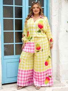 SHEIN CURVE+ Plus Size Summer Vacation Plaid Fruit Print Shirt And Pants 2 Pieces Set - Multicolor - View 8