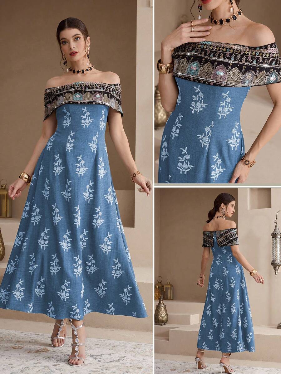 Al Najma 女士刺绣缎带优雅露肩阿拉伯连衣裙