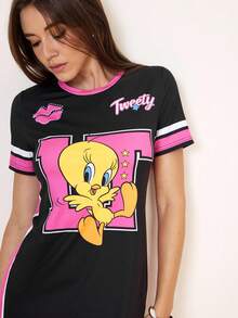 LOONEY TUNES X SHEIN Vestido corto de verano con cuello redondo y manga corta, con estampado de dibujos animados lindo - Negro - Ver 4