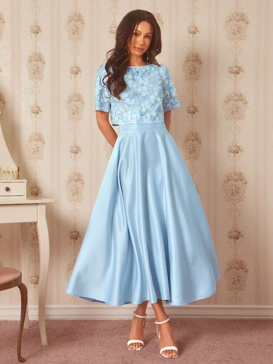 Amorya Bộ 2 món gồm áo tay ngắn và chân váy chữ A bằng satin màu xanh dương thanh lịch, lãng mạn, thêu hạt cườm 3D, thích hợp cho khách dự đám cưới, hẹn hò, sinh nhật, tiệc tùng và nhiều dịp khác. - Nhiều màu - Xem 1